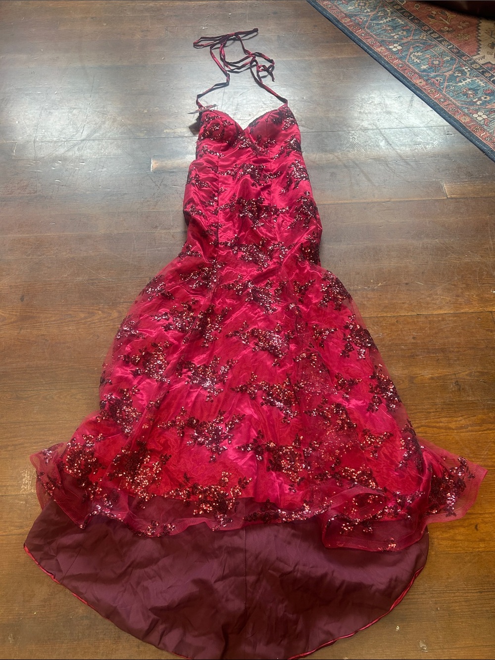 Lover Kiss Burgundy Sequin Halter Formal Dress